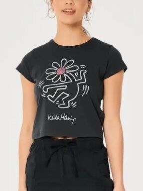 Hollister Keith Haring Black Graphic Crop Tee with Daisy